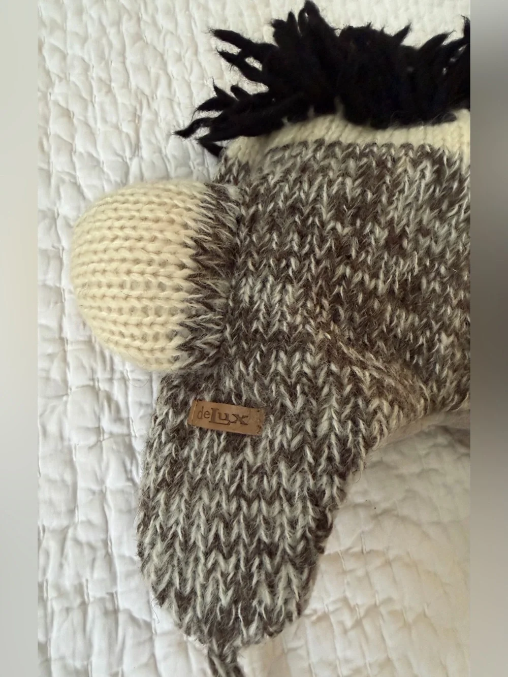 deLux Brand Adult Sock Monkey Knit Hat With Ear Flaps and Mittens Set